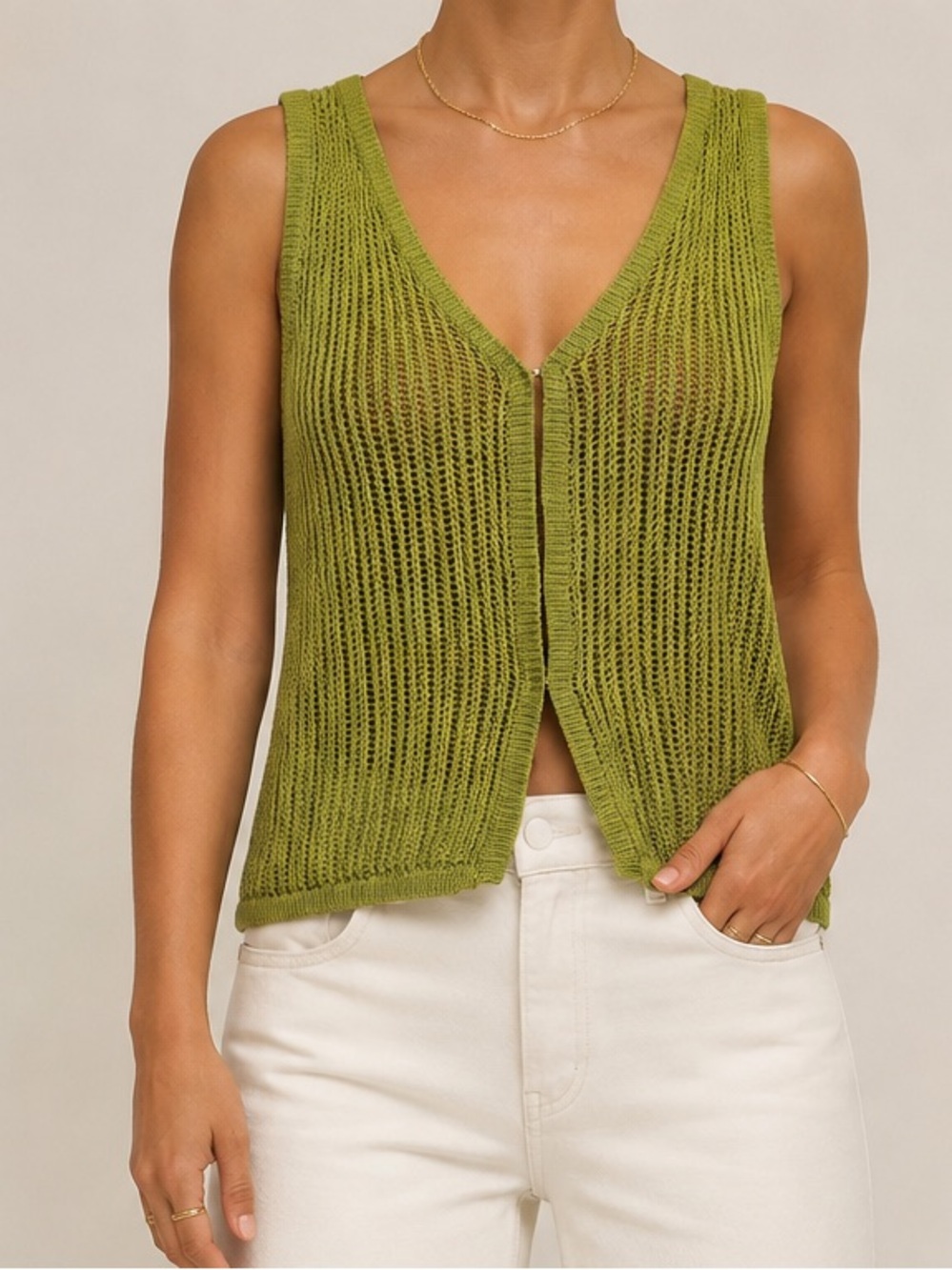 Moon River - Olive Green Crochet Knit Vest Top